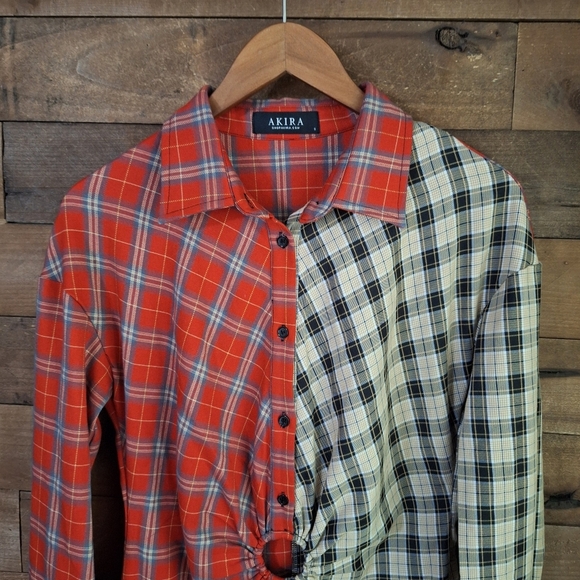 Akira Mixed Media Plaid Rushed Waist Button Front Dress Sz SMALL - Picture 2 of 7